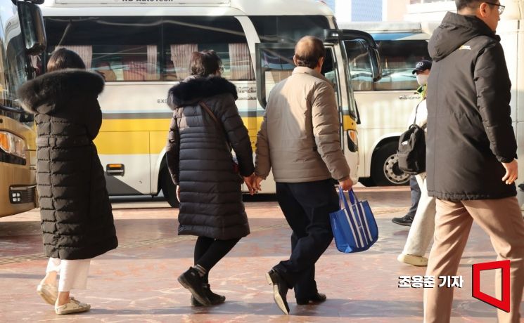 민족 최대 명절인 설날을 앞둔 8일 서울 반포 고속버스터미널에서 역귀성객이 버스에서 내려 이동하고 있다. [사진=조용준 기자jun21@]