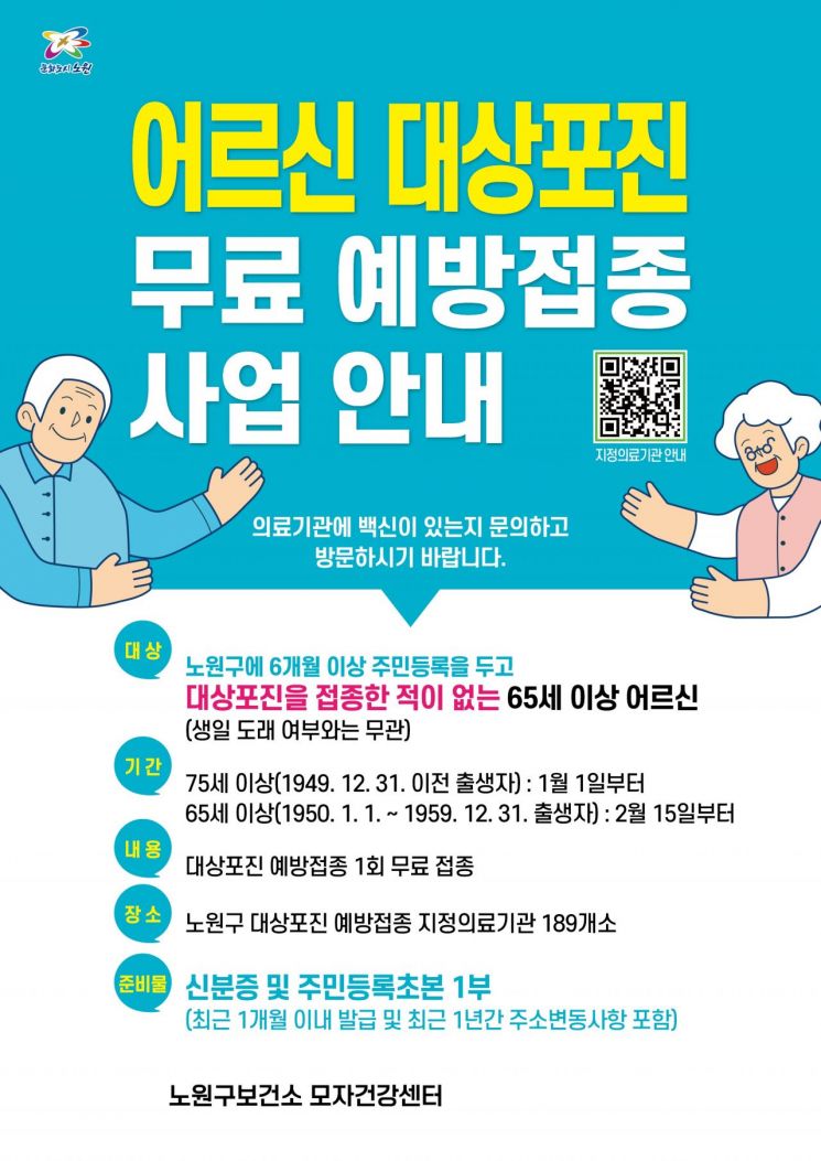 노원구, 어르신 대상포진 무료 예방접종 65세 이상으로 확대