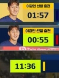 경기 중계 화면 스코어보드에서 이강인의 얼굴과 선발 출전 여부를 적어뒀던 그래픽이 사라졌다. [이미지출처=쿠팡플레이 화면 캡처]