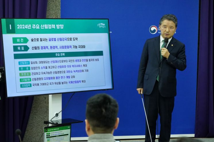 남성현 산림청장이 19일 정부대전청사에서 '2024년 산림청 주요정책'을 발표하고 있다. 산림청 제공