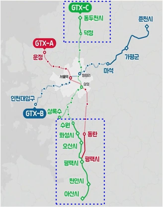 수도권광역급행철도 A노선과 C노선도
