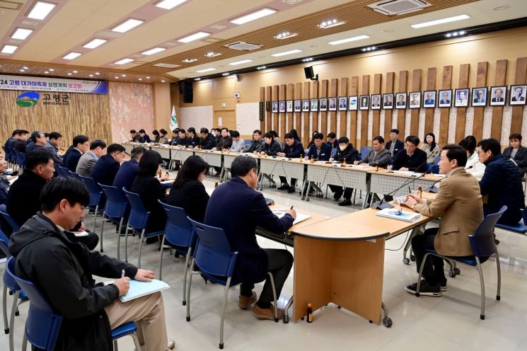 지난 23일 고령군청 대가야홀에서 이남철 군수를 비롯해 관계자 70여명이 참석한 가운데 '2024 고령 대가야축제 세부실행계획 보고회'가 진행되고 있다.