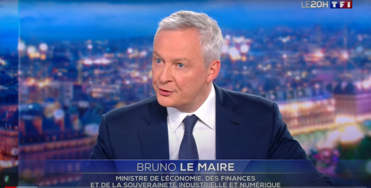 현지시간으로 지난 18일 프랑스 최대 민영 TV 채널 TF1에 출연한 브루노 르메르 프랑스 재무장관. 사진=TF1 유튜브 캡처.