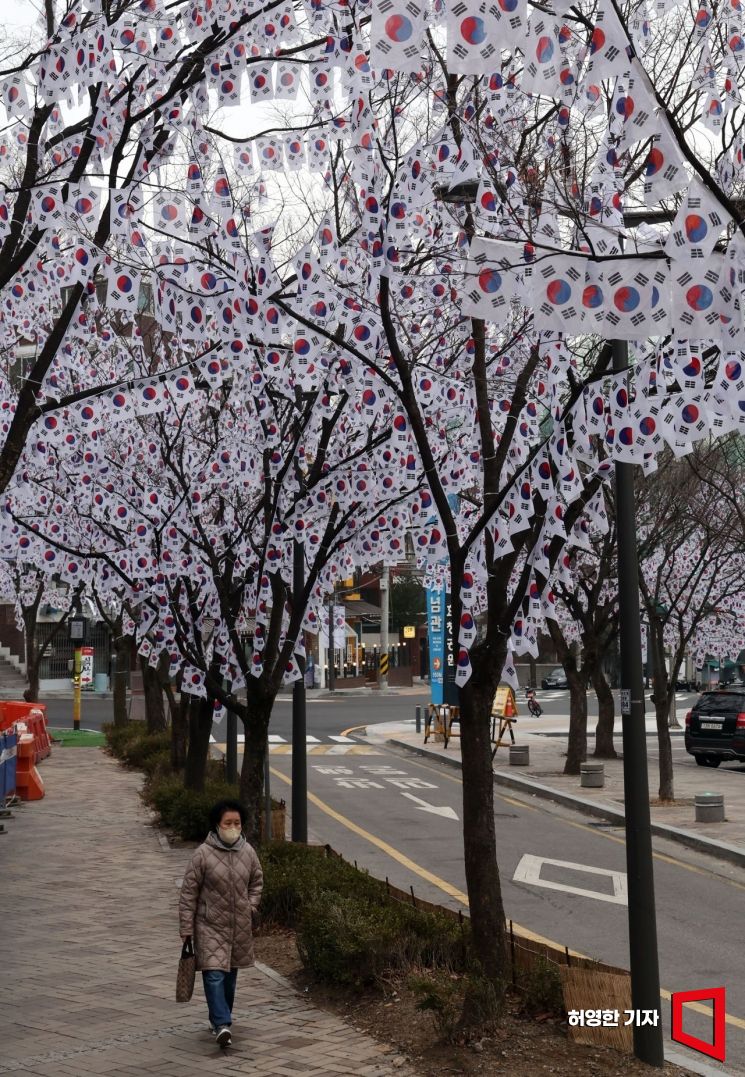 3.1절을 앞두고 용산구에서 서울 효창공원 입구에 조성한 태극기 거리 나무에 태극기가 빼곡히 걸려 있다.  허영한 기자