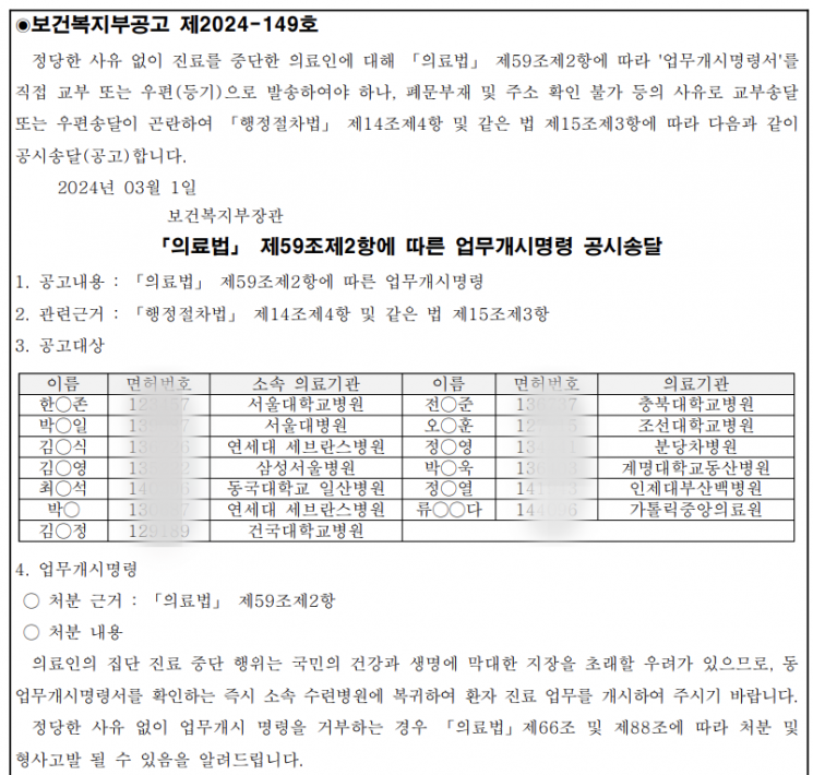 1일 보건복지부 홈페이지에 게재된 전공의 13명에 대한 업무개시명령 공고. (사진=보건복지부 홈페이지)