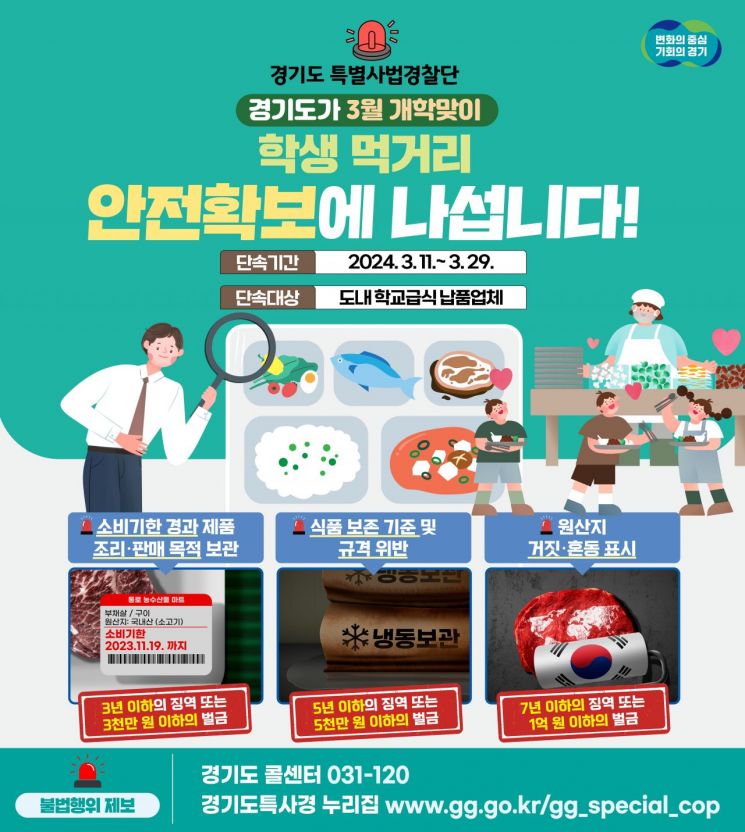 경기도특별사법경찰단이 3월 신학기를 맞아 학교급식 재료를 납품하는 업체를 대상으로 불법행위 단속을 벌인다.