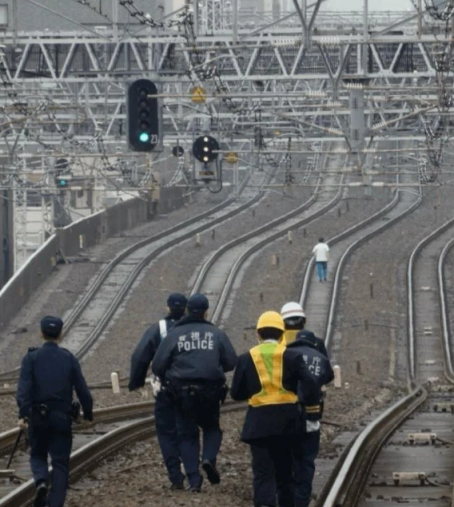 츄오 쾌속선 코엔지역에서 한 남성이 철도 레일을 거슬러 올라가는 모습. [사진=온라인 커뮤니티 갈무리]