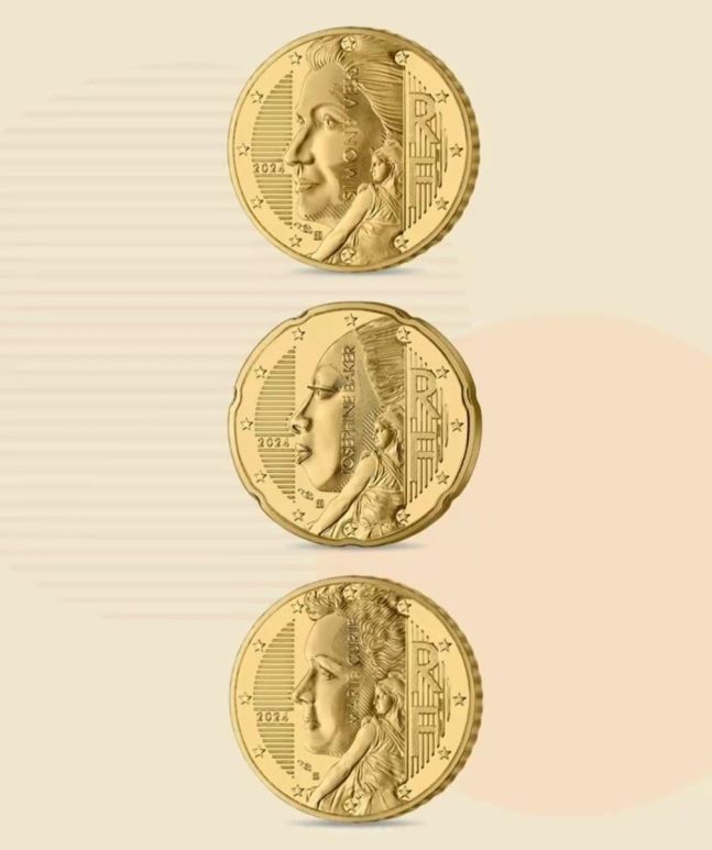 프랑스 파리 조폐국이 6일 공개한 새 동전 디자인. 시몬 베이유(맨 위부터), 조세핀 베이커, 마리 퀴리가 각각 10센트, 20센트, 50센트 동전 앞면에 조각된다. [이미지출처=연합뉴스·파리 조폐국 사회관계망서비스]