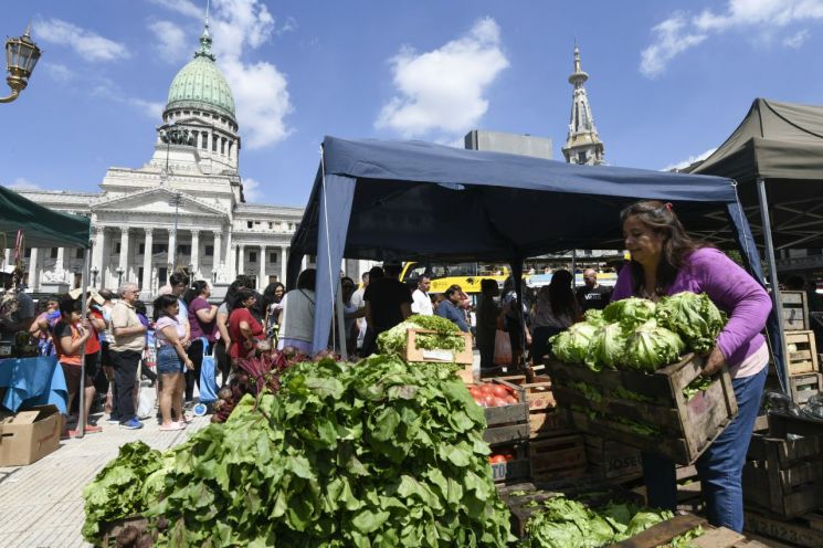 지난해 12월 밀레이 정부의 경제 정책에 항의하는 의미로 시중보다 저렴한 가격에 식료품을 파는 장터 시위가 아르헨티나 의회 앞에 열렸다. [이미지출처=연합뉴스]