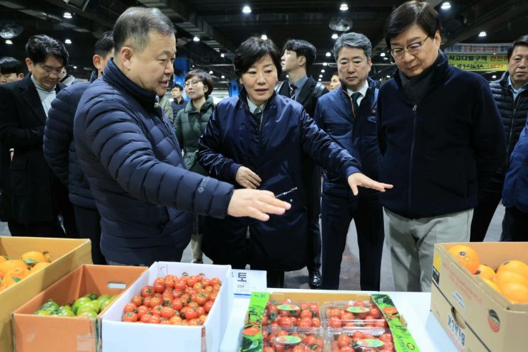 송미령 농림축산식품부 장관(가운데)이12일 서울시 가락시장을 방문해 주요 과일의 도매시장 반입 현황과 도매가격을 점검하고 있다.