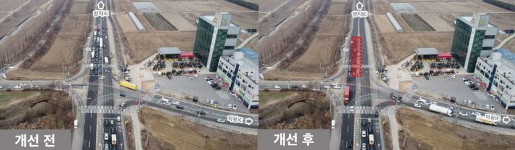 용인시 백암면 근곡사거리 전경. 덕평IC 방향 좌회전 신호 시간 연장으로 이 일대 교통흐름이 개선된 것으로 나타났다. [사진제공=용인시]