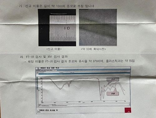 물질은 빛을 통과시켜 분석하는 FT-IR과 X선을 이용한 XRF 등 2가지 검사에서 돼지털과 유사도가 97~98%에 달했으며, 플라스틱과 유사도도 5%에 달해 잇몸에 박힐 정도로 경직도가 있었던 것으로 파악됐다. [사진출처=연합뉴스]