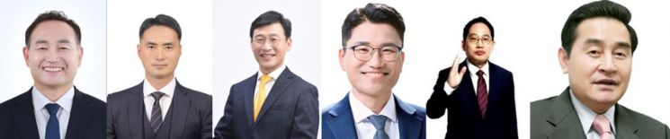 (좌측부터)더불어민주당 김원이, 국민의힘 윤선웅,녹색정의당  박명기, 진보당 최국진, 소나무당 최대집, 무소속 이윤석