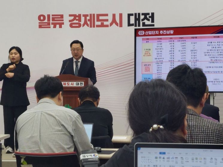 이장우 대전시장이 26일 대전시청 브리핑룸에서 5개 신규 산단 조성과 관련해 브리핑을 하고 있다. / 대전=박종명 기자
