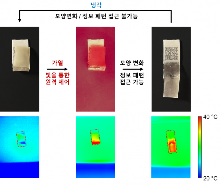 높은 온도의 붉은 빛을 접하자 접혀있던 원격 제어 및 패턴 암호화 디지털 이미지가 스스로 펴지는 현상이 발생한다. 사진=고승환 교수 제공