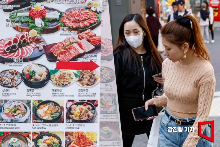 서울 중구 명동을 찾은 외국인 관광객들이 음식점 메뉴가 담긴 홍보판을 보고 있다./사진=강진형 기자aymsdream@