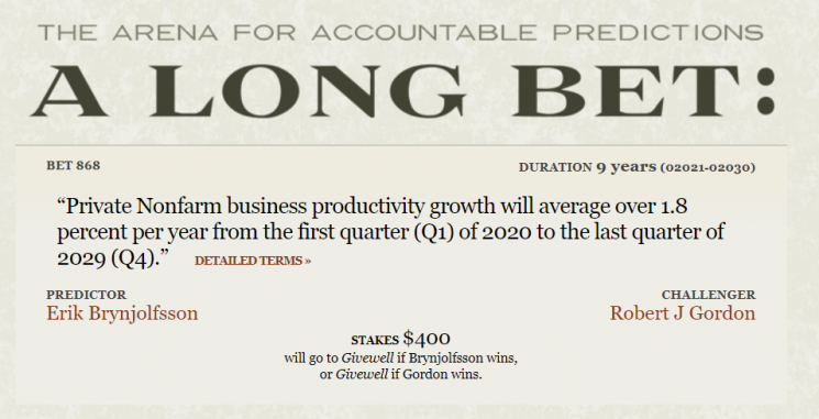 비영리 재단인 '어롱벳'에서 에릭 브린욜프슨 스탠퍼드대 교수와 로버트 고든 노스웨스턴대 교수의 미국 노동생산성 전망 관련 내기가 진행 중이다.(사진출처=어롱벳 홈페이지 화면 캡처)