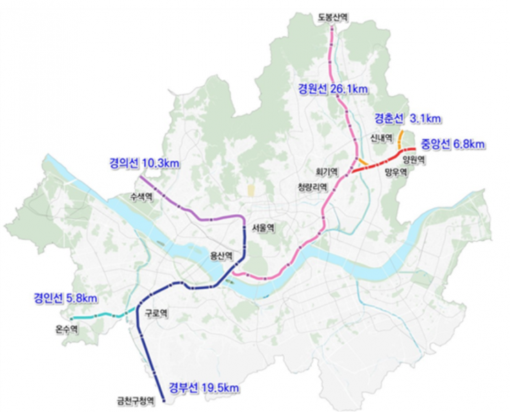 서울 철도 지하화 통합개발 사업 검토 구간. [이미지제공=국토교통부]