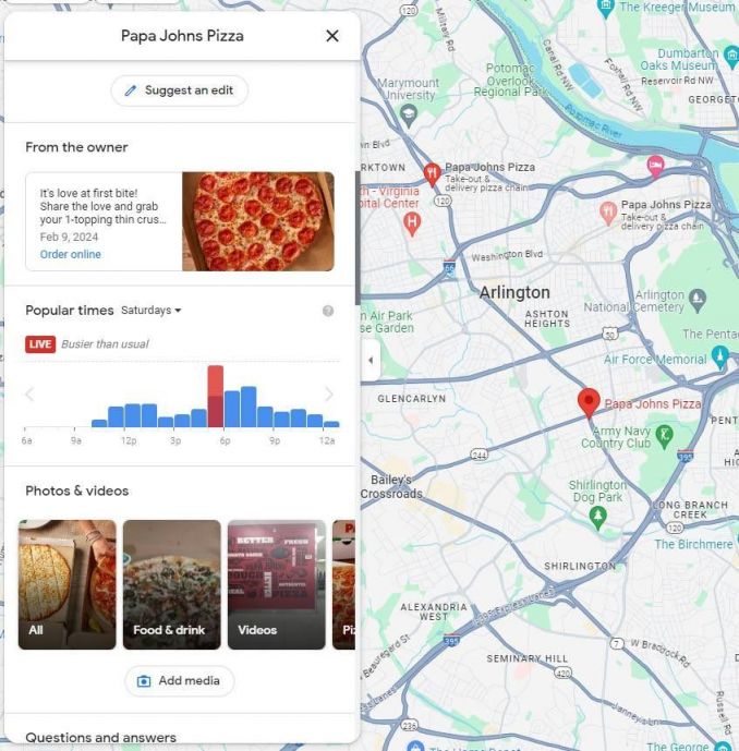 지난 13일(현지시간) 펜타곤 인근 유명 피자 프랜차이즈가 평소보다 더 바빠진 모습 [이미지출처=구글 지도]