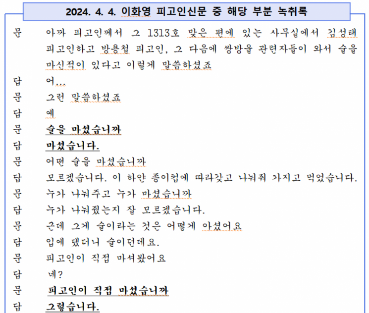 수원지검이 23일 공개한 4월 4일 이화영 피고인신문 법정 녹취록.