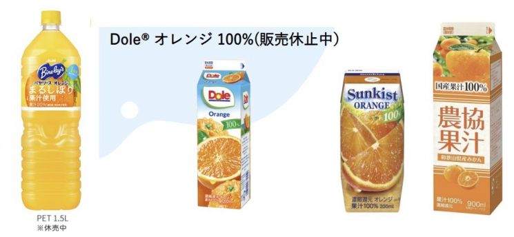 왼쪽부터 판매가 중단된 아시히음료의 바야리스 오렌지, 유키지루시 돌 오렌지 100%, 모리야마유업의 선키스트 100%. 오른쪽 첫번째는 일본 농협이 국산 오렌지로 만든 '농협과즙' 제품