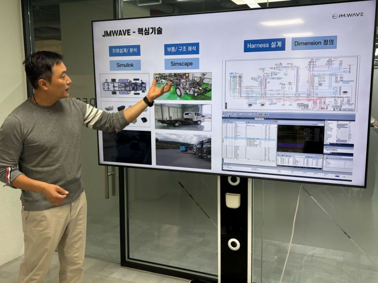 박정민 제이엠웨이브 대표가 내연기관 트럭을 전기차로 바꾸는 제이엠웨이브의 핵심기술에 대해 설명하고 있다.