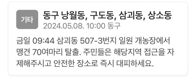 동구가 발송한 재난문자 / 동구