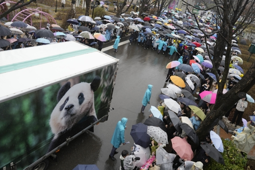 한국에서 태어난 판다 푸바오가 중국으로 가기 위해 탄 차량 앞에서 3일 사람들이 울면서 작별을 슬퍼하고 있다. [사진출처=  연합뉴스]