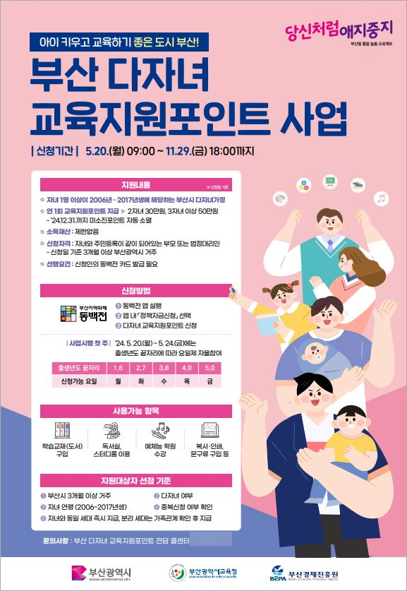 아이 키우고 교육하기 좋은 도시 부산 조성… ‘다자녀 교육지원포인트’ 추진
