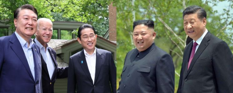 한미일 정상(왼쪽)과 김정은 북한 국무위원장, 시진핑 중국 국가주석