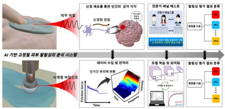 전문가 관능 평가(위)와 AI 기반 고정밀 피부 발림성 분석 시스템(아래) 비교를 위한 도식화 자료. 한국전자통신연구원 제공