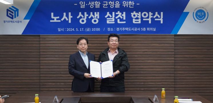김세용 경기주택도시공사(GH) 사장(왼쪽)이 17일 김민성 GH 노조위원장과 노사 상생협약을 체결한 뒤 기념사진을 찍고 있다.