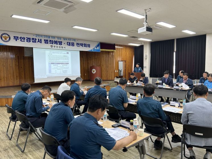 ‘농번기 무안경찰의 활동’이란 주제로 범죄예방 전략회의를 하고 있다. [사진제공=무안경찰서]