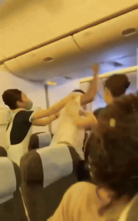 대만발 미국행 비행기에서 몸싸움을 벌인 두 남성이 여성 승무원에게 제압당했다. [이미지출처=엑스(X·옛 트위터) 캡처]