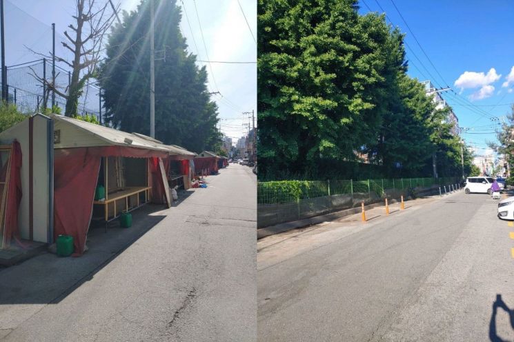 충남 아산시 온양온천초등학교 인근에서 30년간 운영되던 포장마차들이 모두 철거하며 역사속으로 사라지게 됐다.   포장마차 철거 전 후 모습.