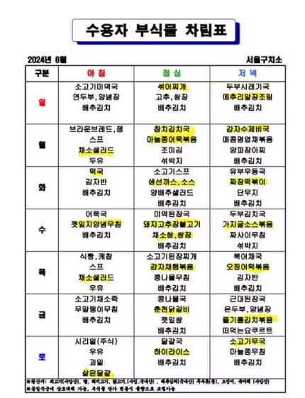 6월 서울구치소 수용자 식단표. [사진=법무부]