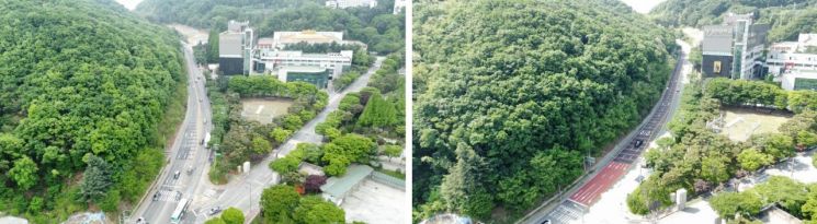 용인 처인구 삼가동 학고개터널~용인대정문삼거리 도로 확장 전(왼쪽)과 후 전경. [사진제공=용인시]