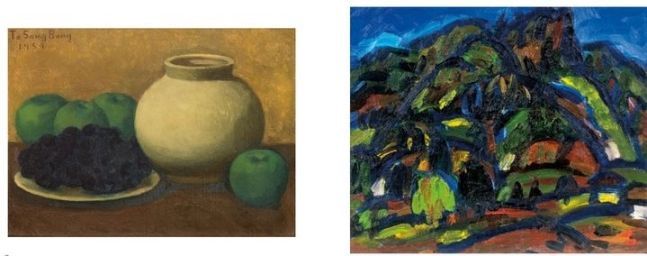 (사진 왼쪽) 도상봉, 정물, oil on canvas 24.2×33.4cm, 1959, / 박고석, 치악산 풍경 oil on canvas 37.9×45.5cm, 1974, [사진제공 = 케이옥션]