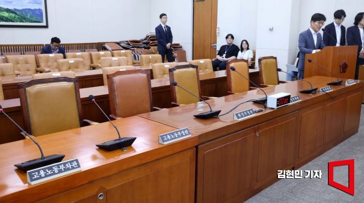 20일 국회에서 열린 제2차 환경노동위원회 전체회의에서 국무위원들의 자리가 비어 있다. 국민의힘 의원들과 국무위원들은 이번 회의에 불참했다.사진=김현민 기자 kimhyun81@