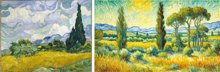빈센트 반 고흐의 작품 '삼나무가 있는 밀밭'(왼쪽)과 챗GPT에 '반 고흐의 작품과 비슷한 그림 그려줘'라고 명령해 생성한 이미지.