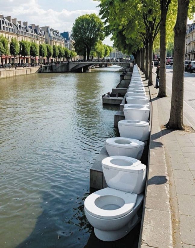 프랑스 파리 센강에 변기가 놓인 모습을 합성한 사진. [이미지출처=엑스(X·옛 트위터) 캡처]