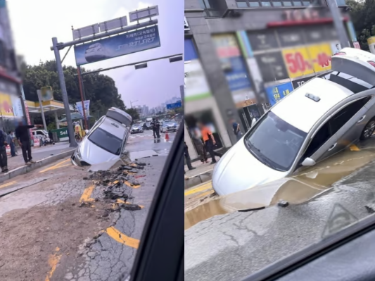 운행 중인 택시가 땅 속으로 '쑥'…평택서 3m 싱크홀 발생