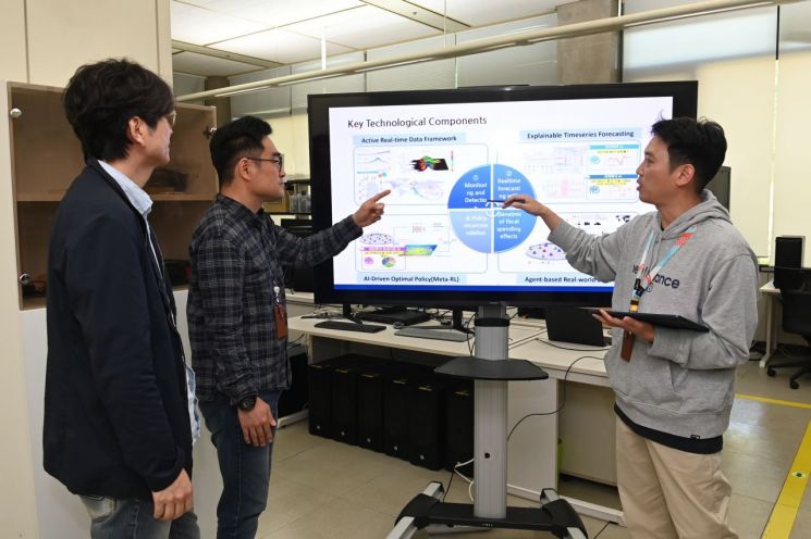 ETRI 연구진이 인공지능 정책지능 디지털트윈 분야의 활용 방안에 대해 상호 의견을 공유하고 있다. 한국전자통신연구원 제공