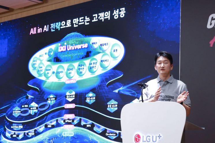 권용현 LG유플러스 기업부문장(전무)이 2일 서울 용산구에 위치한 LG유플러스 본사에서 기자간담회를 열고 AI 중심의 B2B 중장기 성장 전략을 발표하고 있다.  [사진 제공 = LGU+]