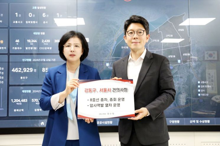 이수희 강동구청장이 11일 강동구를 방문한 김병민 서울시 정무부시장에게 건의사항을 전달하고 있다. 강동구 제공.