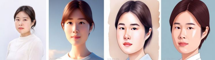 기자의 프로필 사진으로 3D 프로필 사진 기능을 사용해봤다. 원본 사진에 (좌측부터) '3D 캐릭터', '수채화', '코믹' 스타일을 적용해봤다/사진=황서율 기자chestnut@