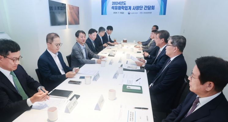 안덕근 산업통상자원부 장관이 7일 오전 서울 중구 달개비 컨퍼런스하우스에서 신학철 LG화학 부회장, 강길순 대한유화 사장, 이훈기 롯데케미칼 사장, 나경수 SK지오센트릭 사장, 이유진 여천NCC 사장, 고영규 HD현대케미칼 대표, 엄찬왕 한국석유화학협회 부회장 등이 참석한 가운데 '석유화학업계 간담회'를 주재하고 있다.