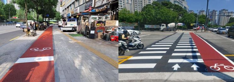 사평대로 자전거·보행자 겸용도로(사진 왼쪽)와 삼호가든사거리 자전거 횡단도 설치 모습. 서초구 제공.