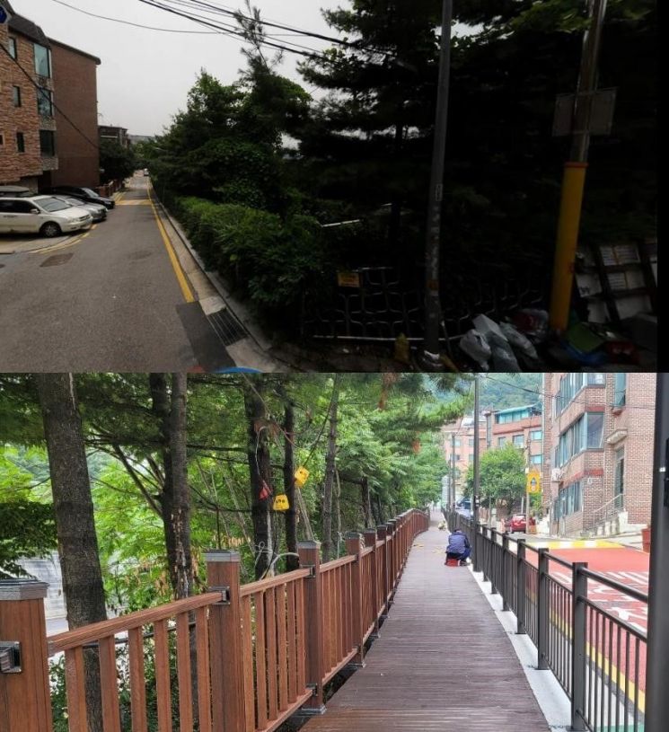 통학로 보행데크 조성 전후 모습. 용산구 제공.