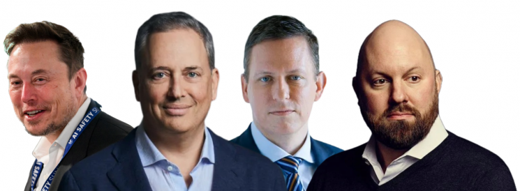 페이팔 마피아’로 불리는 일론 머스크 테슬라 CEO, 데이비드 삭스 팟캐스트 올인 호스트, 피터 틸 팔란티어 테크놀로지스 창업회장, 마크 앤더리센 코인베이스 이사(왼쪽부터).